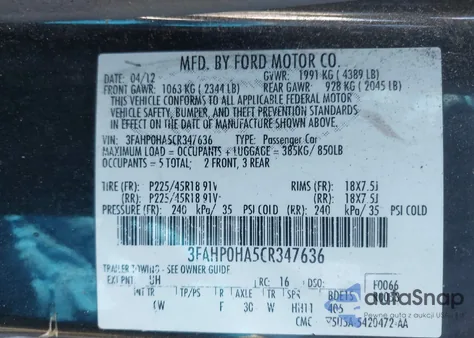 2012 Ford Fusion Se из США, поврежденный, VIN 3FAHP0HA5CR347636